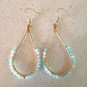 Amazonite spiritual bead wire wrapped teardrop gold earrings